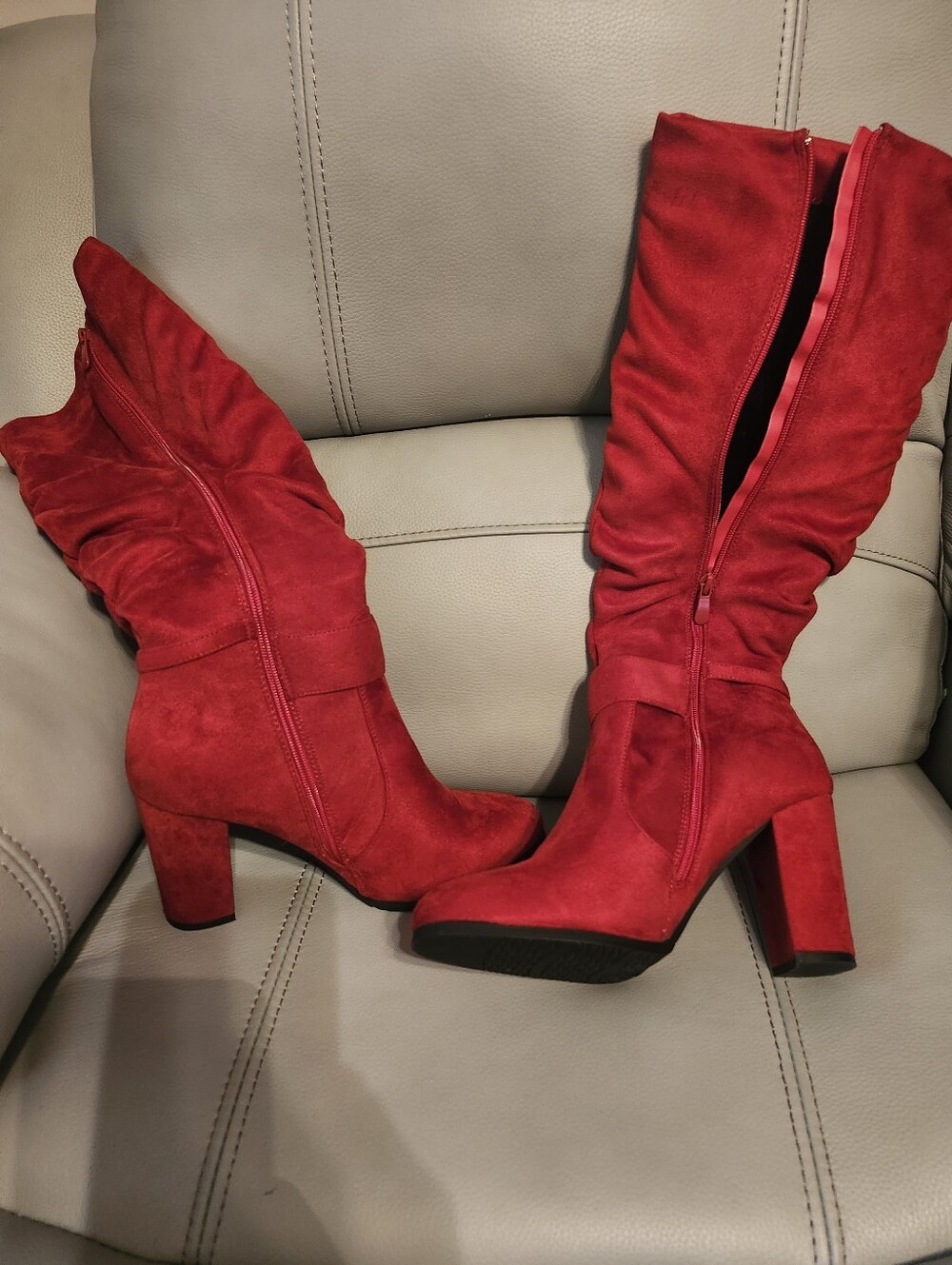 Red Suede Mid-Calf Block Heel Boots - Women